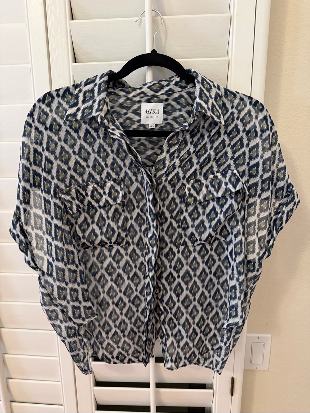 MISA Los Angeles Navy, White & Olive Ikat Print Shirt